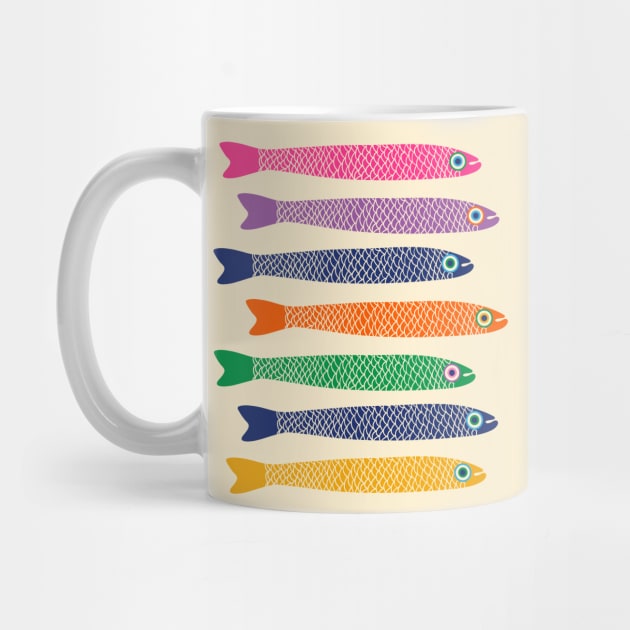 ANCHOVIES Bright Graphic Fun Groovy Fish in Rainbow Colors on Cream - Horizontal Layout - UnBlink Studio by Jackie Tahara by UnBlink Studio by Jackie Tahara